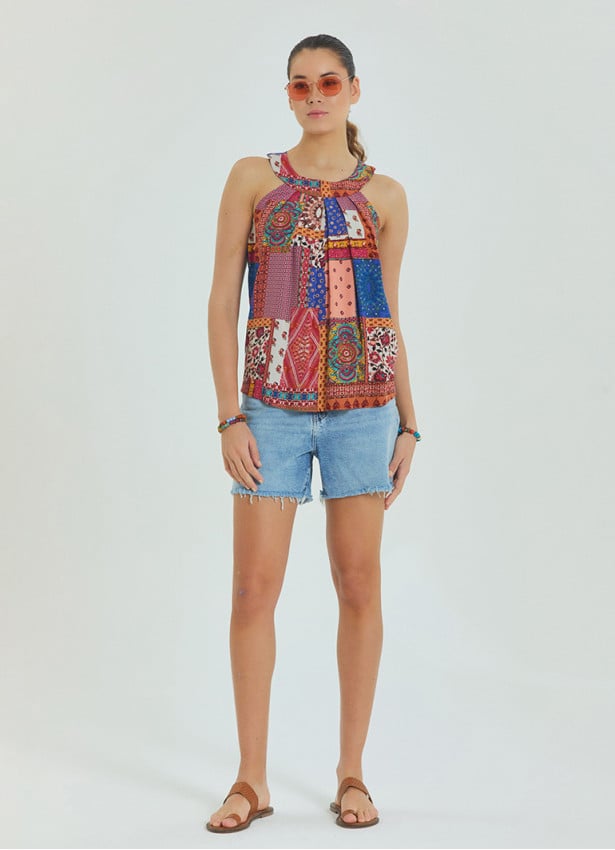 Halter Neck Button Detail Pleated Blue Sleeveless Blouse 4676